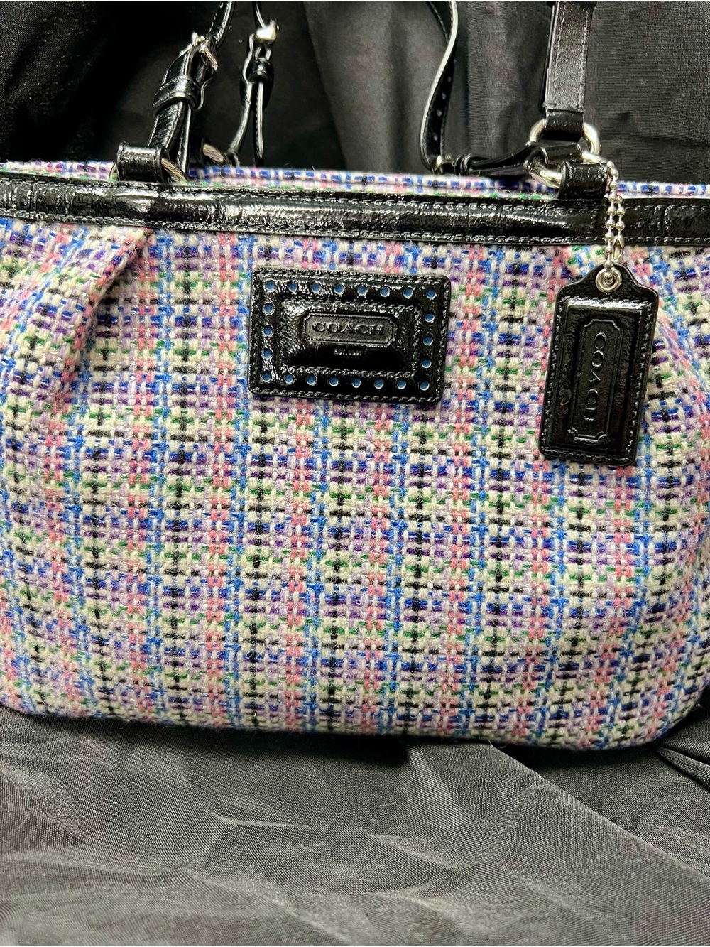 Coach Multicolor Tweed Shoulder Bag with Black Leather Trim